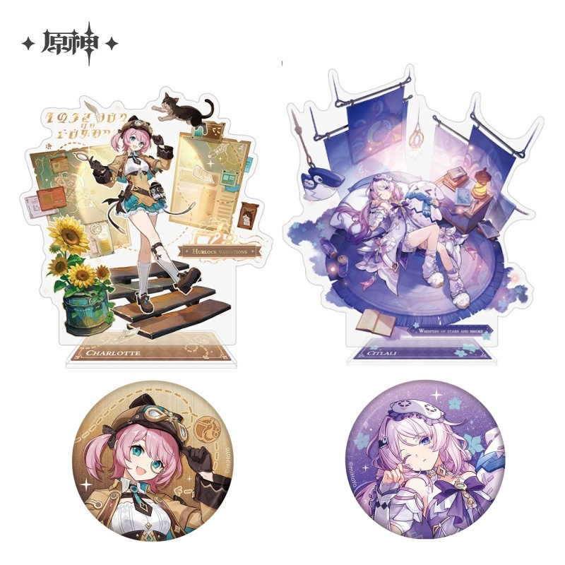 Charlotte Anime Merchandise - สินค้าลิขสิทธิ์อย่างเป็นทางการจากเกม Genshin Impact ชุดสินค้าสไตล์อนิเมะ Teyvat: ชุดพินและฟิกเกอร์ตั้งโต๊ะ